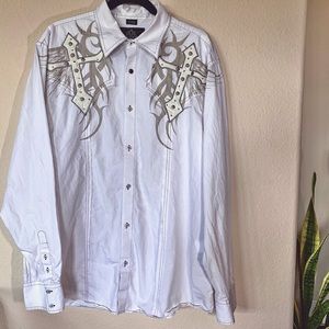 Roar Men's Change Embroidered w Leather Button Up